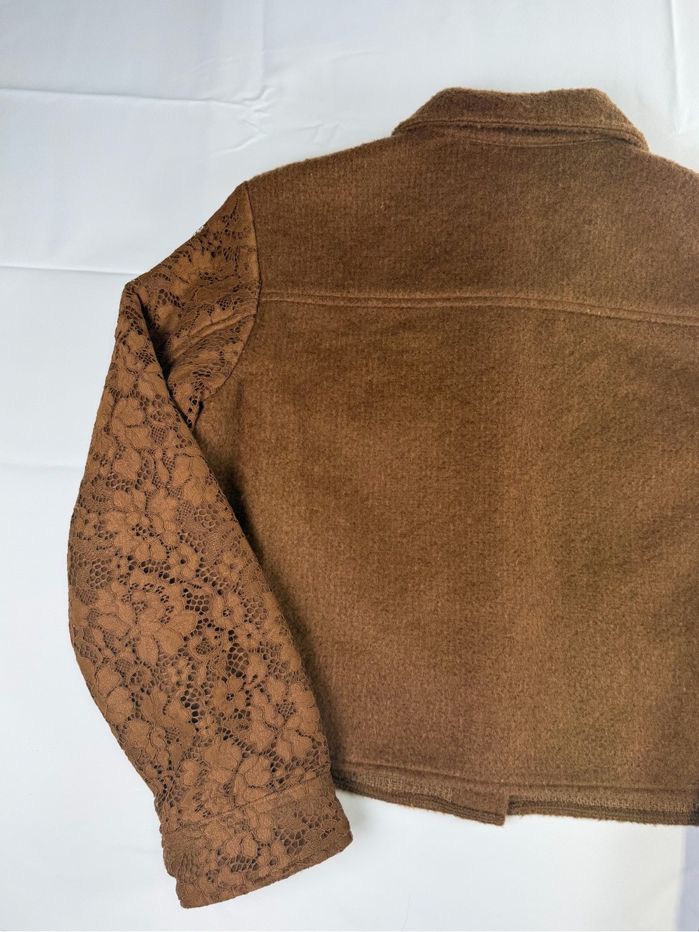 Express - Chic Brown Woven Lace-Sleeve Cropped Jacket NWT -Date night ready L - Picture 9 of 16